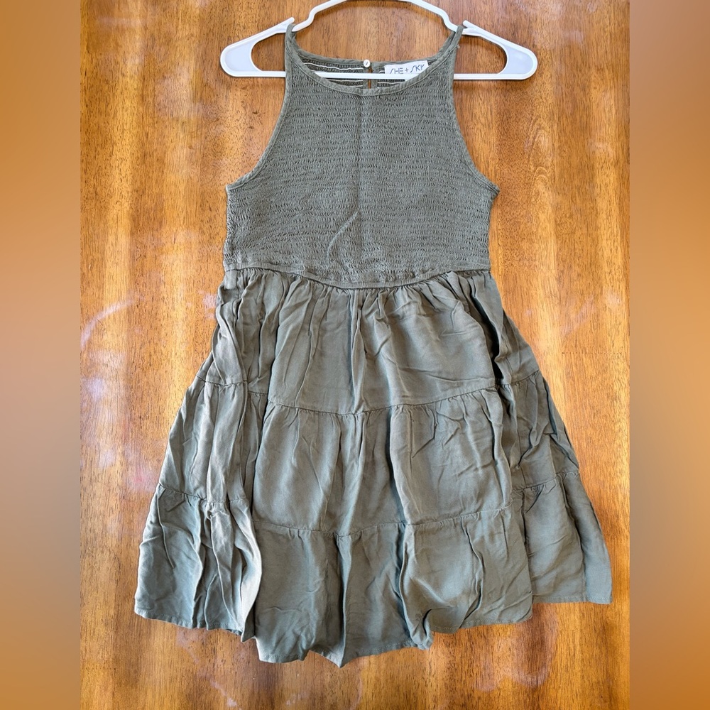 She + Sky Olive Green Smocked Tiered Mini Dress Size Medium